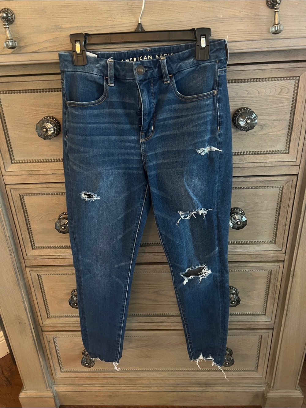 American Eagle Outfitters Dark Blue Distressed Skinny Jeans with Raw Hem